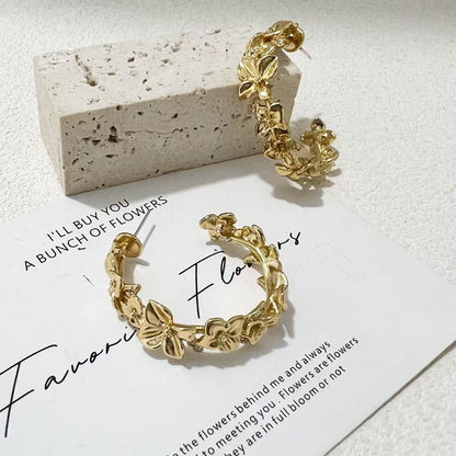 Vintage Gold Floral Half Hoop Earrings | 925 Sterling Silver Posts