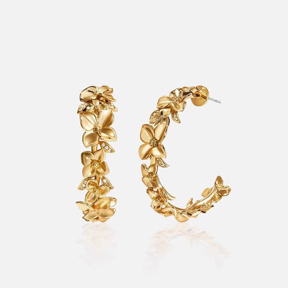 Vintage Gold Floral Half Hoop Earrings | 925 Sterling Silver Posts