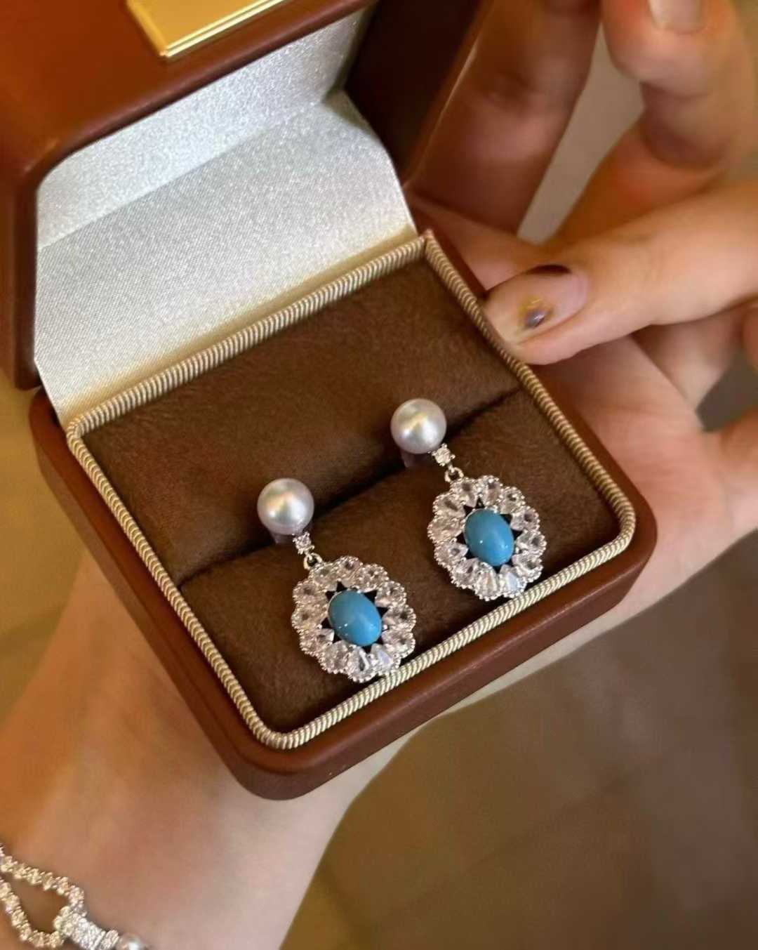 Turquoise & Freshwater Pearl Drop Earrings with Rhinestones