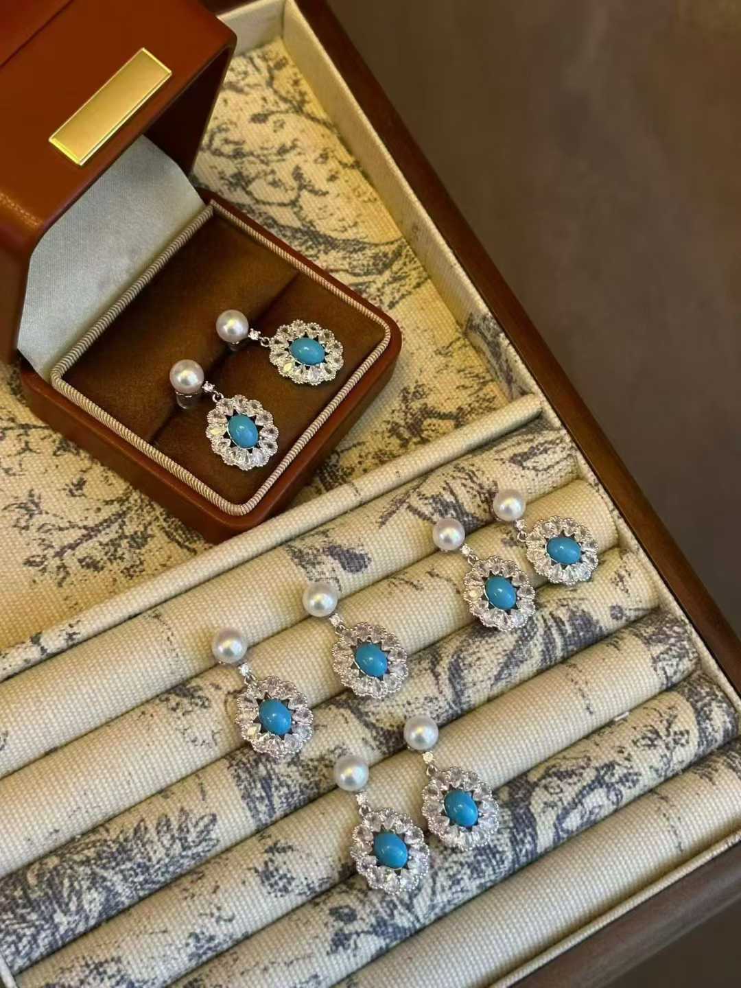 Turquoise & Freshwater Pearl Drop Earrings with Rhinestones