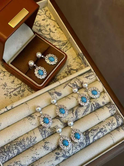 Turquoise & Freshwater Pearl Drop Earrings with Rhinestones