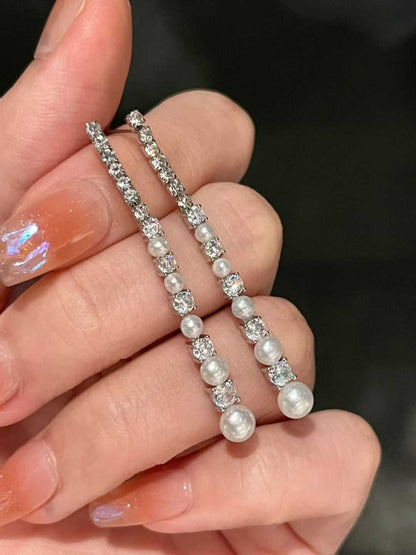 Long Freshwater Pearl Drop Earrings with Zircon