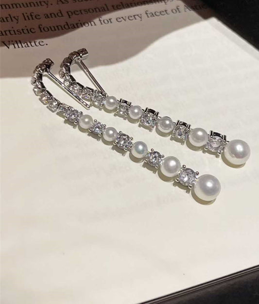 Long Freshwater Pearl Drop Earrings with Zircon