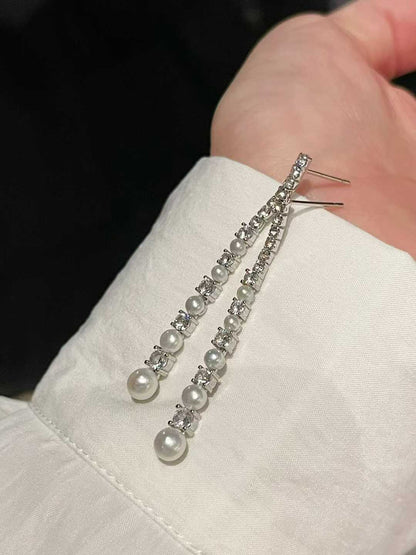 Long Freshwater Pearl Drop Earrings with Zircon