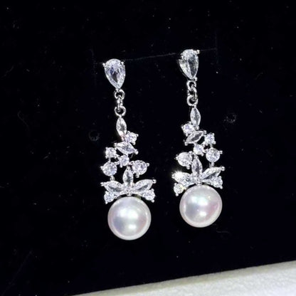 Freshwater Pearl Drop Earrings with Flower-Shaped Zircon