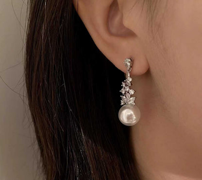 Freshwater Pearl Drop Earrings with Flower-Shaped Zircon