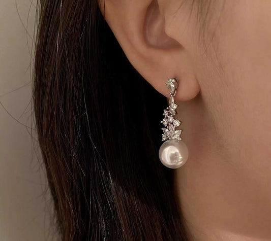 Freshwater Pearl Drop Earrings with Flower-Shaped Zircon