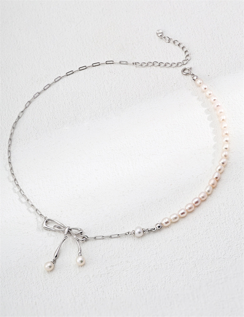Elegant Bow Design Natural Pearl Cluster Necklace
