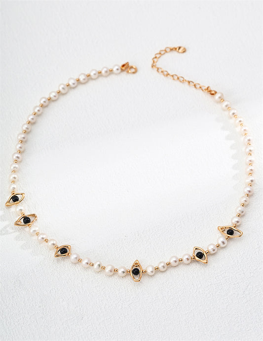 Halskette aus S925 Sterlingsilber mit Naturperlen und schwarzem Onyx – Vintage-Gold, verstellbare Kette