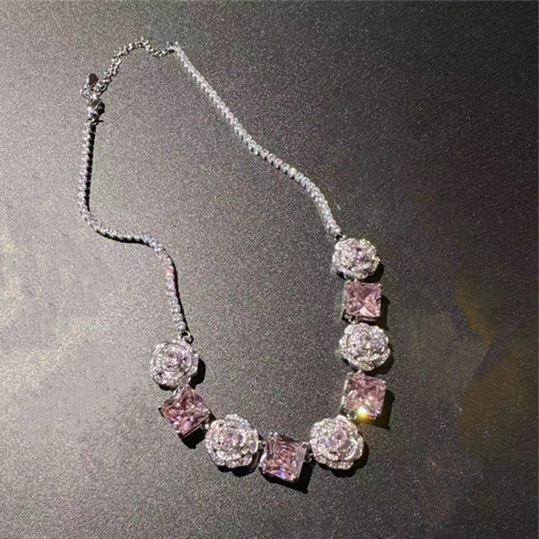 Princess Pink Rose Gemstone & Zircon Waterdrop Necklace