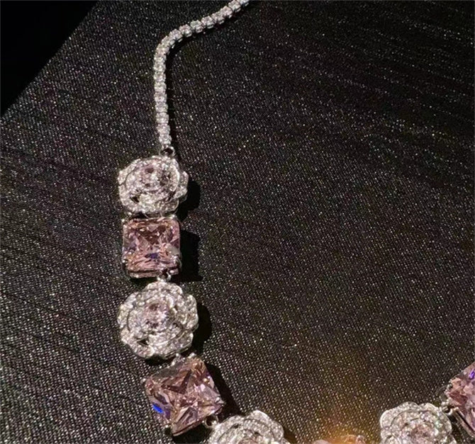 Princess Pink Rose Gemstone & Zircon Waterdrop Necklace