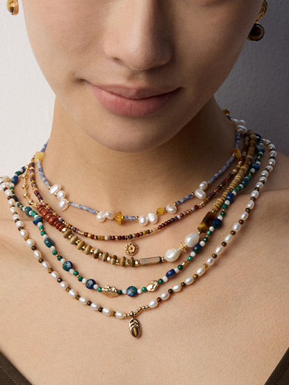 Vintage Malachite, Lapis & Mother-of-Pearl Beaded Necklace – 925 Sterling Silver