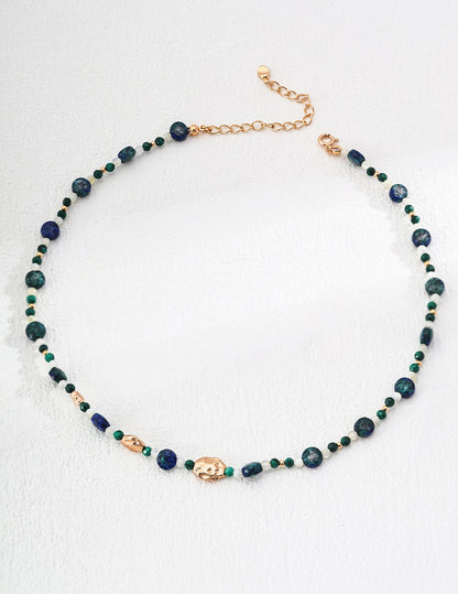 Vintage Malachite, Lapis & Mother-of-Pearl Beaded Necklace – 925 Sterling Silver