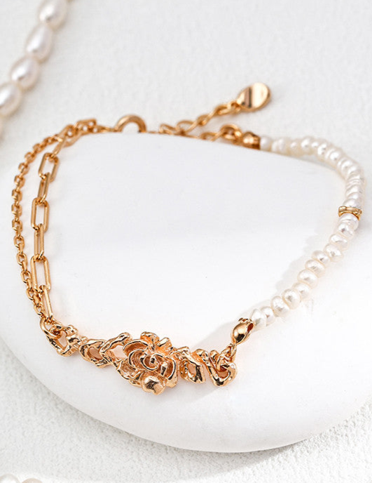 Vintage Natural Pearl Necklace / Bracelet with Flower– 925 Sterling Silver