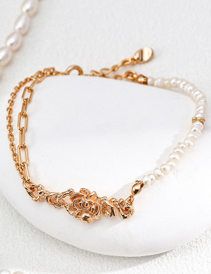 Vintage Natural Pearl Necklace / Bracelet with Flower– 925 Sterling Silver