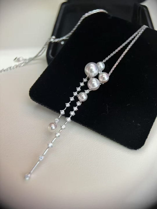 Shooting Star Akoya Pearl Necklace – 4-8mm Dainty Sterling Silver Jewelry for Women, Wedding, Anniversary Gift
