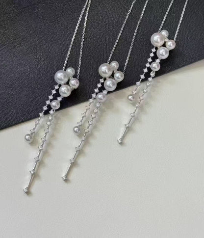 Shooting Star Akoya Pearl Necklace – 4-8mm Dainty Sterling Silver Jewelry for Women, Wedding, Anniversary Gift