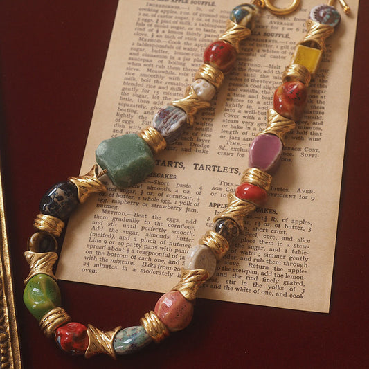 Vintage Ceramic Glass Bead Necklace – Multi-Color Gemstone Style, Retro Design