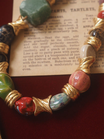 Vintage Ceramic Glass Bead Necklace – Multi-Color Gemstone Style, Retro Design