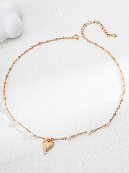 Minimalist Pearl & Matte Heart Pendant Necklace for Date/Gift