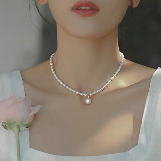 Natural Rice Pearl Necklace with Baroque Pendant – Gold Plated