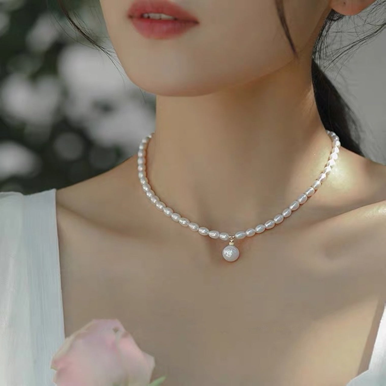 Natural Rice Pearl Necklace with Baroque Pendant – Gold Plated