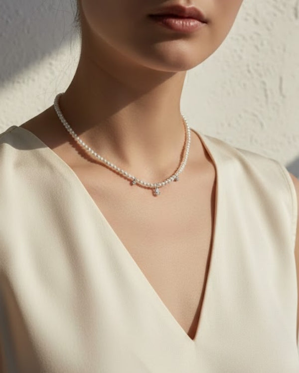 Freshwater Pearl beaded Necklace with Cubic Zirconia