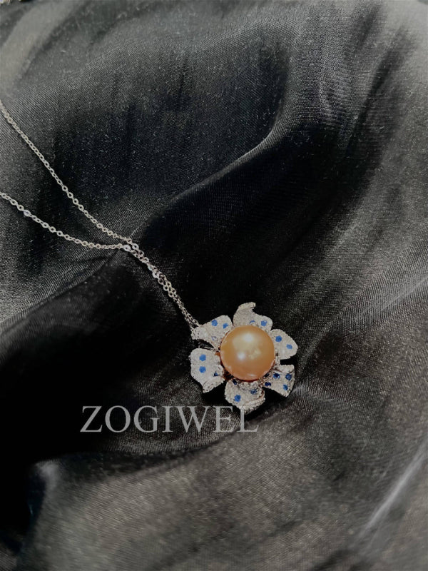 Pink Pearl necklace with floral design on a dark fabric background, featuring the brand 'ZOGIWEL'.