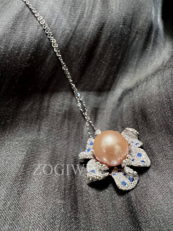 Freshwater Pink Pearl Necklace with flower design