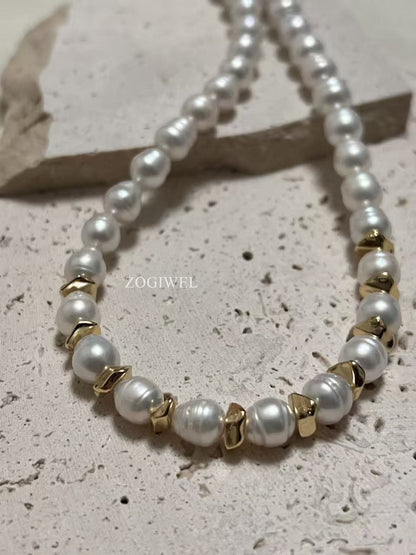 Freshwater Baroque Pearl Beaded Necklace with Gold Accents