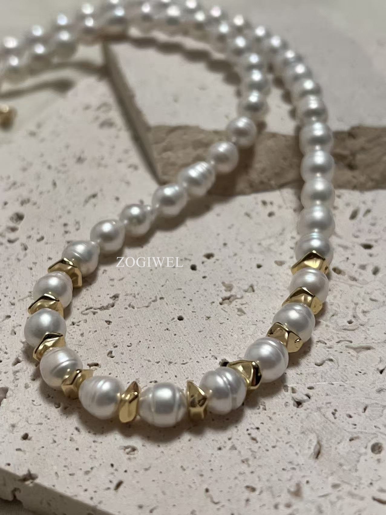 Freshwater Baroque Pearl Beaded Necklace with Gold Accents