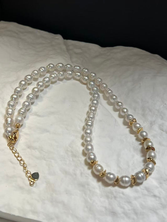 Freshwater Baroque Pearl Beaded Necklace with Gold Accents