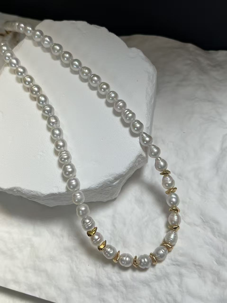 Freshwater Baroque Pearl Beaded Necklace with Gold Accents