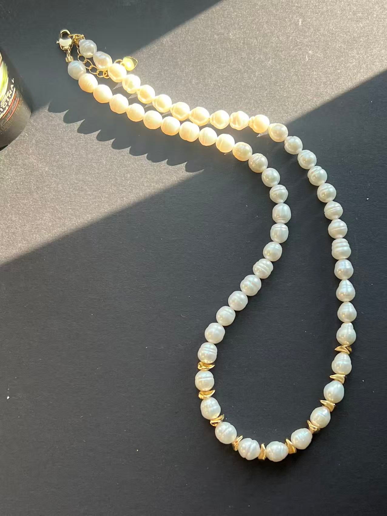 Freshwater Baroque Pearl Beaded Necklace with Gold Accents