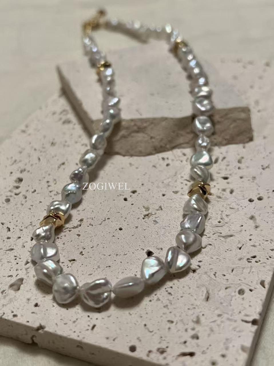 Freshwater Keshi Pearl Beaded Necklace with Gold Accents