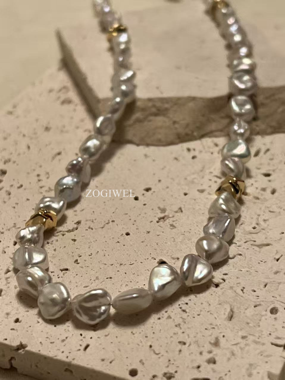 Freshwater Keshi Pearl Beaded Necklace with Gold Accents