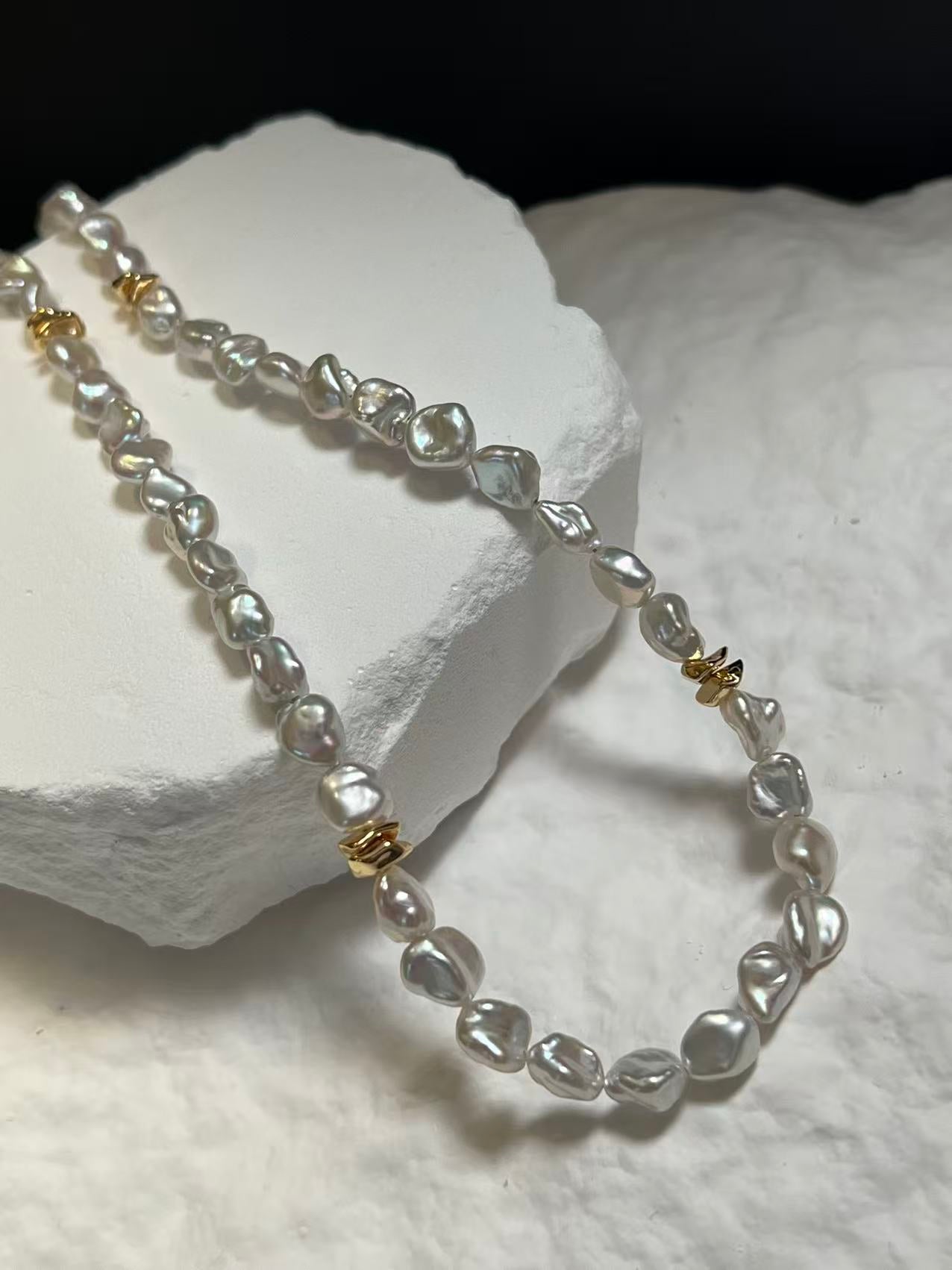 Freshwater Keshi Pearl Beaded Necklace with Gold Accents