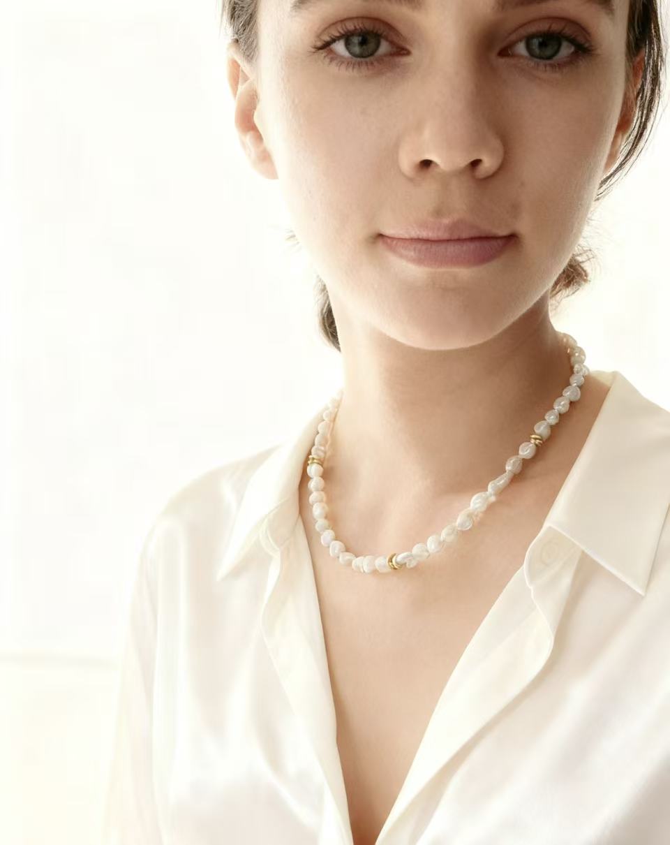 Freshwater Keshi Pearl Beaded Necklace with Gold Accents