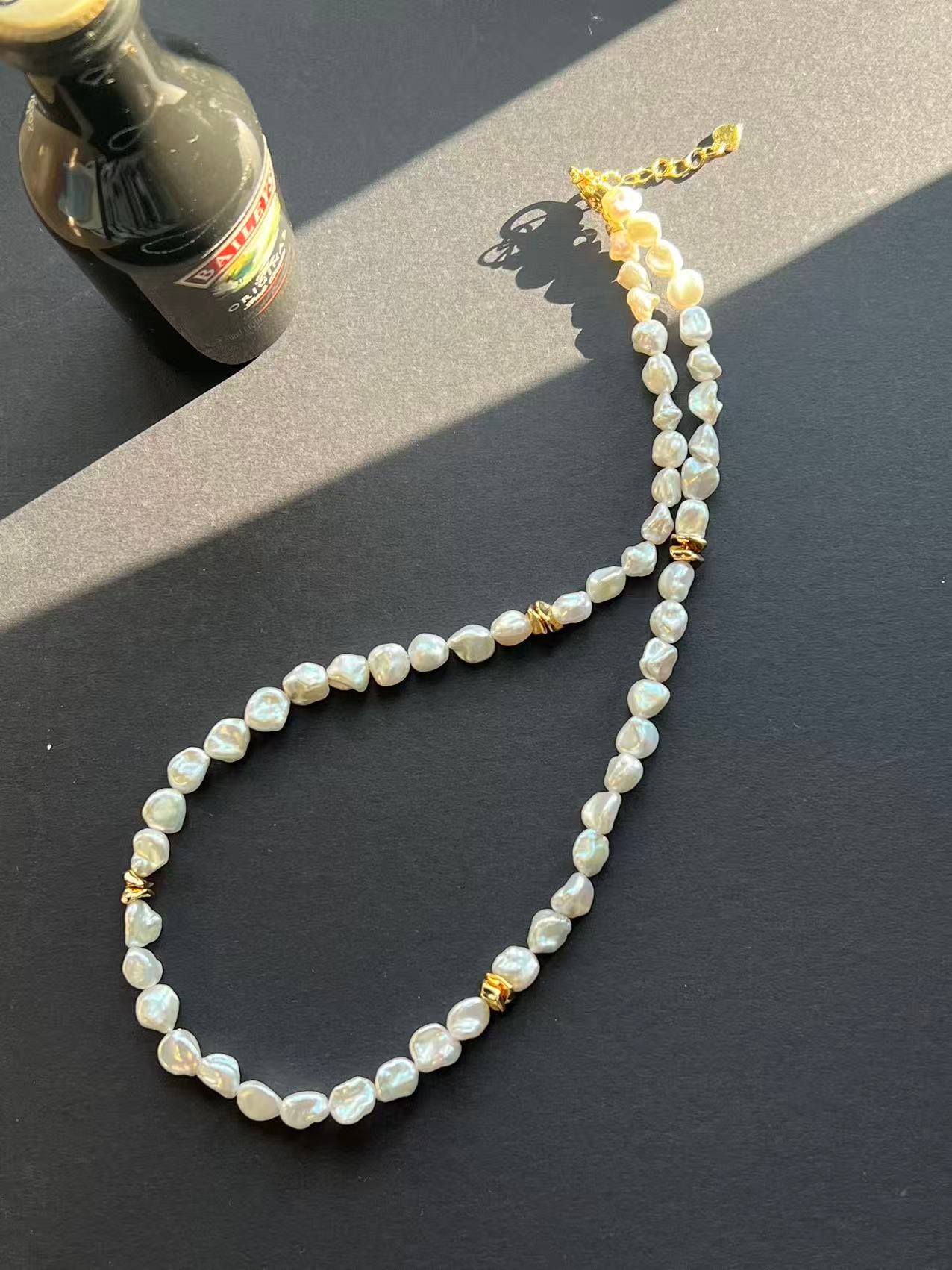 Freshwater Keshi Pearl Beaded Necklace with Gold Accents