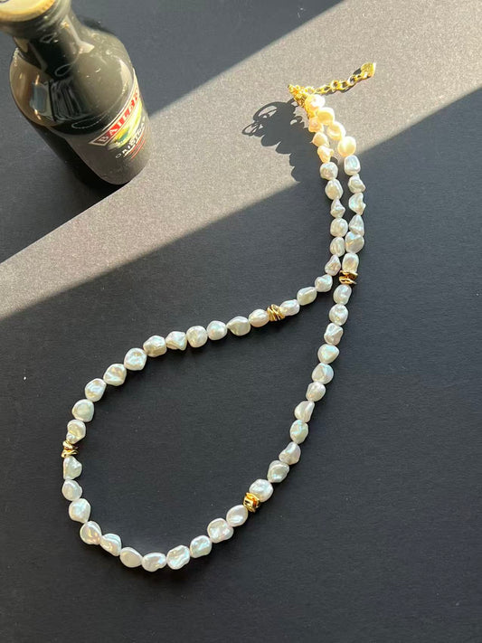 Freshwater Keshi Pearl Beaded Necklace with Gold Accents