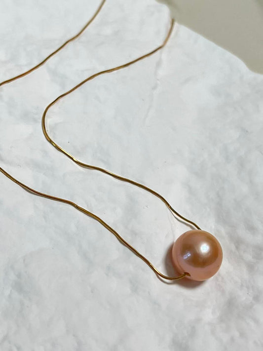 Freshwater Single Peach Pearl Necklace with Gold Accents