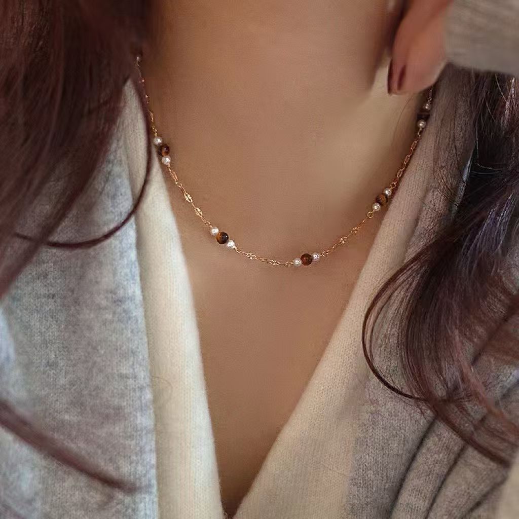 Freshwater Pearl & Tiger's Eye Bead Necklace with Gold Accent