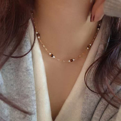 Freshwater Pearl & Tiger's Eye Bead Necklace with Gold Accent