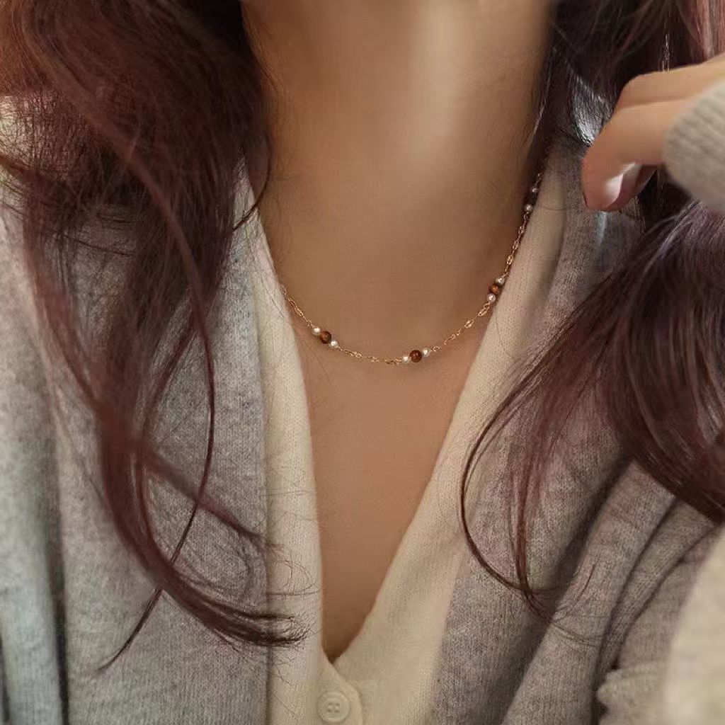 Freshwater Pearl & Tiger's Eye Bead Necklace with Gold Accent