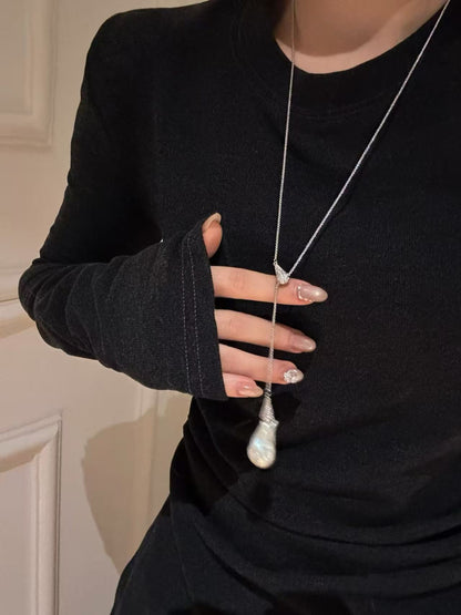 Minimalist Baroque Pearl Adjustable Sweater Necklace – Elegant Irregular Pearl Long Chain