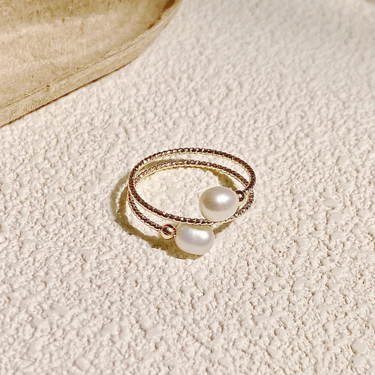 Minimalist Double-Layer Freshwater Pearl Adjustable Gold Ring