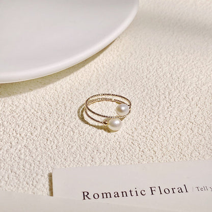 Minimalist Double-Layer Freshwater Pearl Adjustable Gold Ring