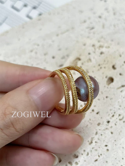 Purple Pearl Ring with Gold Accents