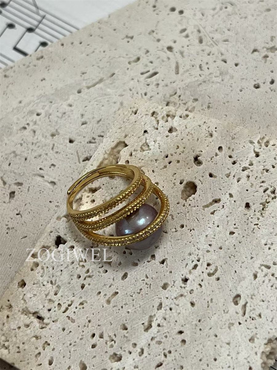 Purple Pearl Ring with Gold Accents