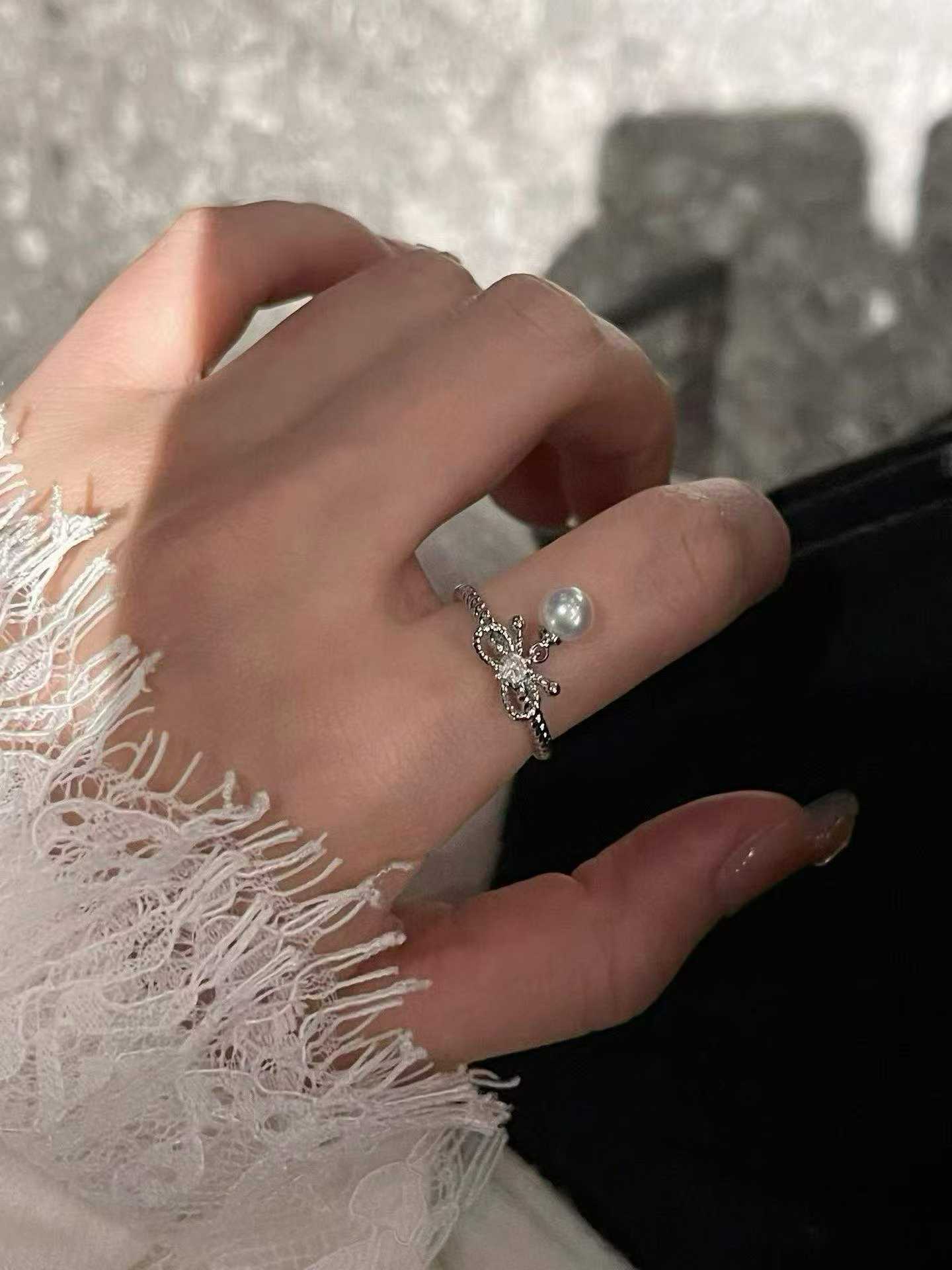 Bow Freshwater Pearl Adjustable Ring with Zircon
